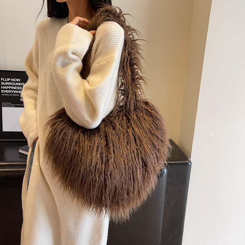 Plush Armpit Shoulder Bags Winter Large Capacity Personalized Heart Bag Women's Luxury Handbags High Quality Valentine's Day Gift GlamzLife