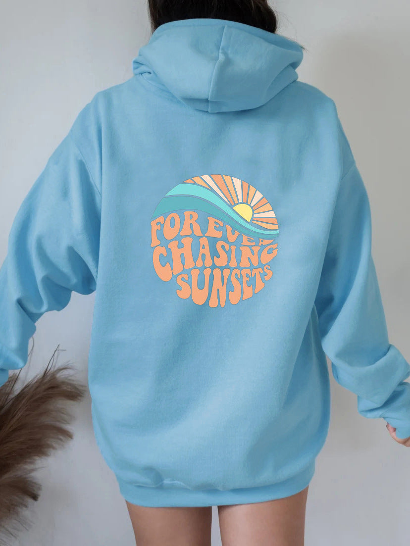 Fleece-lined Sunset Print Kangaroo Pocket Drawstring Hoodie GlamzLife
