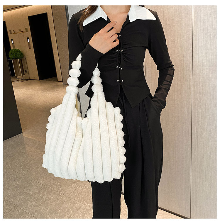 Striped Design Plush Bag Winter Fashion Shoulder Armpit Bags Large Capacity Furry Handbags Portable Cute Shopping Tote Bag GlamzLife
