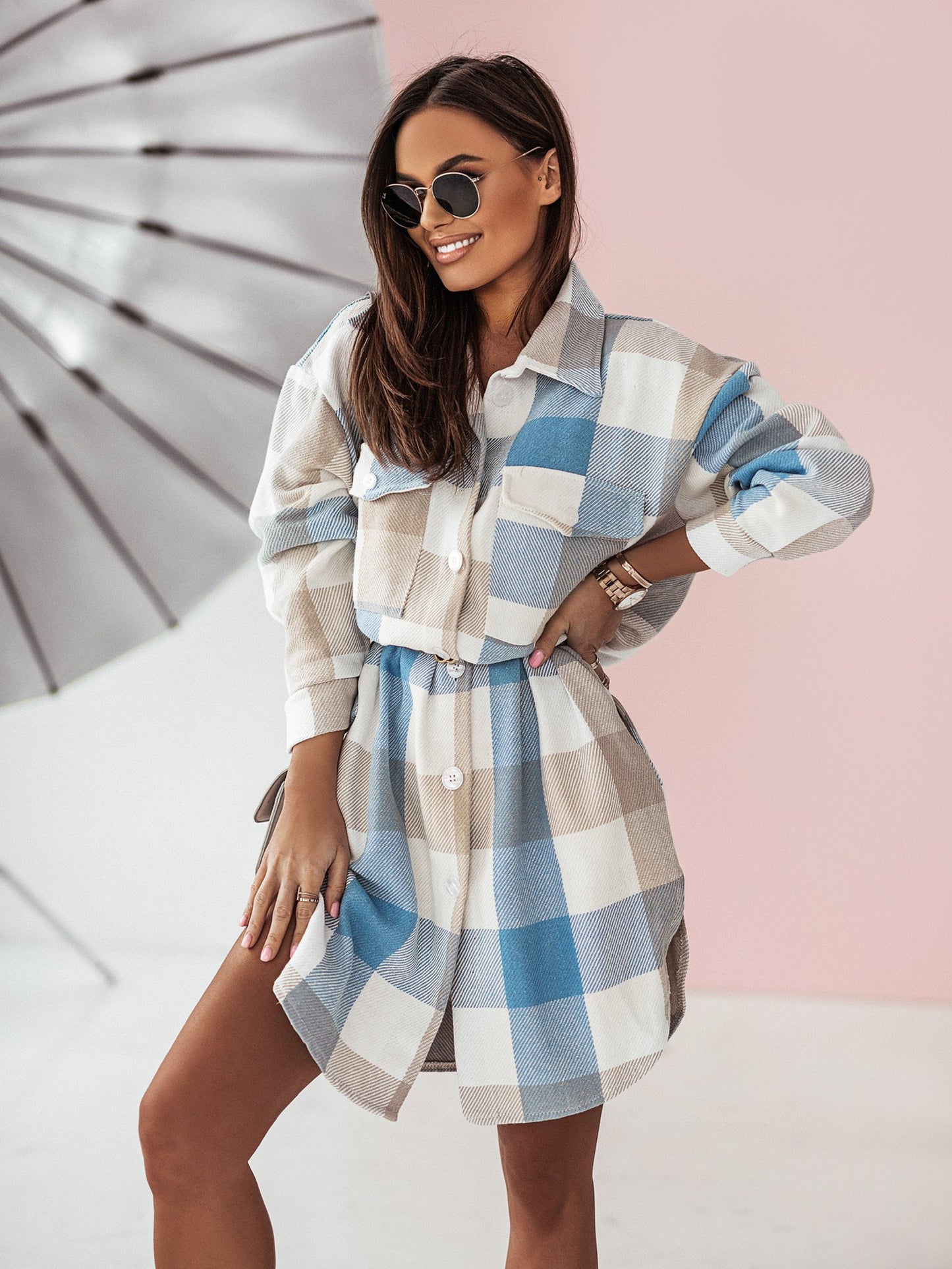 Women's Fashion Long Sleeve Color Plaid Brushed Woolen Long Coat GlamzLife