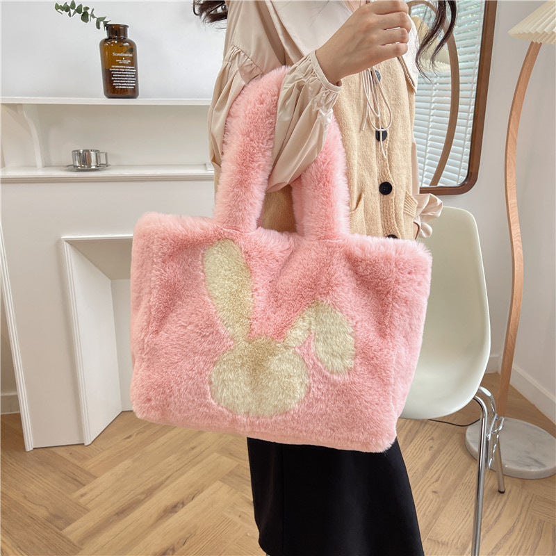 Cute Cartoon Rabbit Ears Plush Bag Autumn And Winter Shoulder Bag Shopping Handbags Large Capacity Personalized Tote Bags For Women GlamzLife