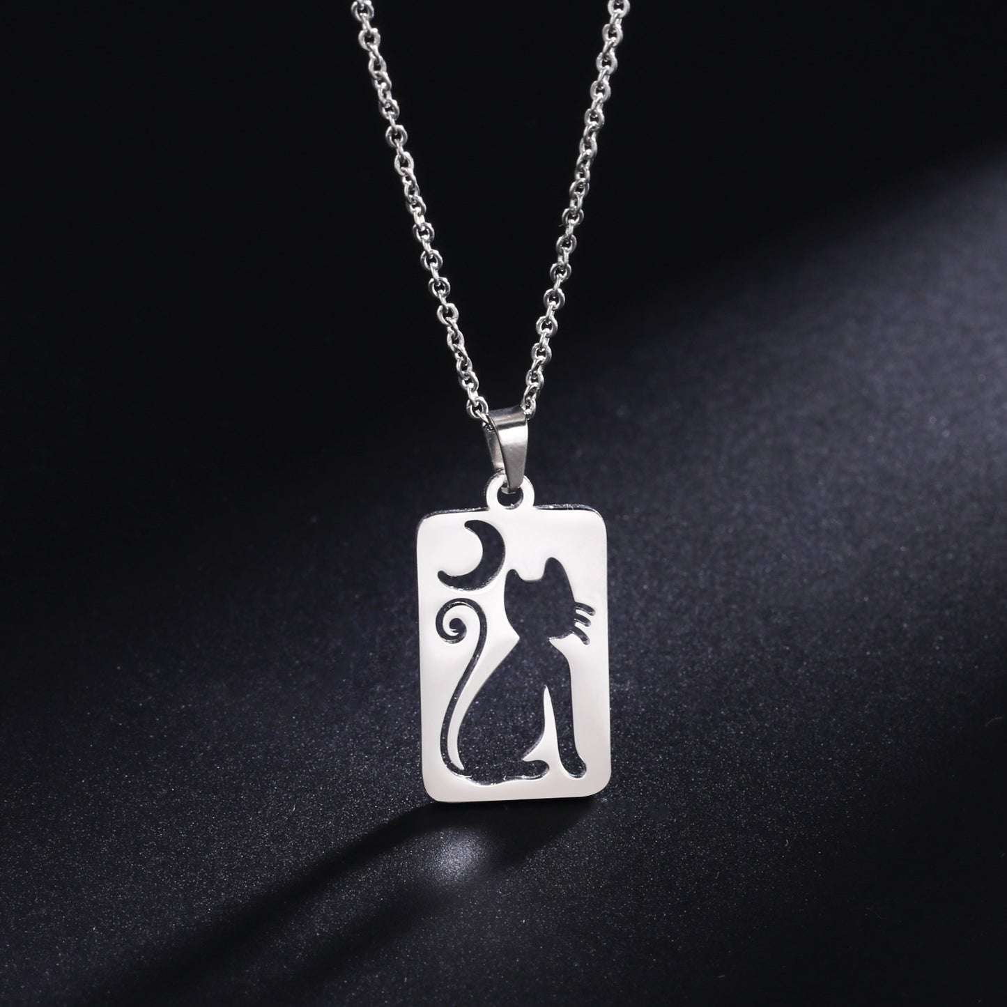Titanium Steel Square Hollow Cat Crescent Pendant Necklace GlamzLife