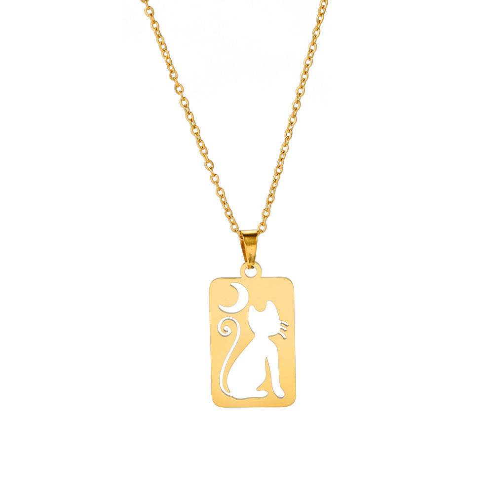 Titanium Steel Square Hollow Cat Crescent Pendant Necklace GlamzLife