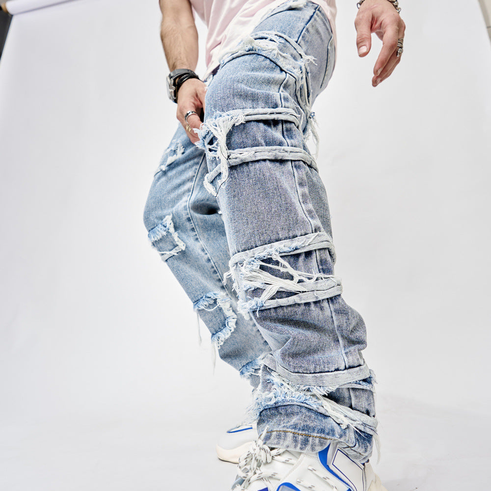 High Street Trousers Man's Pants Full Length Patched Straight Fit Men's Hip Hop Jeans GlamzLife