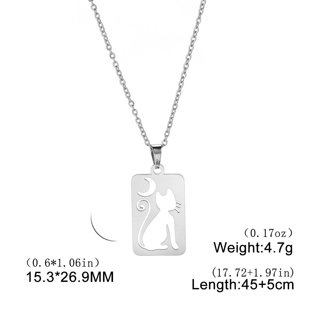 Titanium Steel Square Hollow Cat Crescent Pendant Necklace | GlamzLife