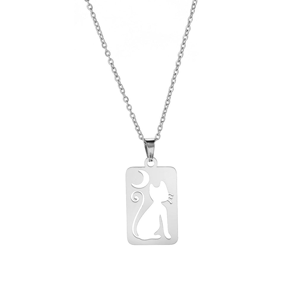 Titanium Steel Square Hollow Cat Crescent Pendant Necklace GlamzLife