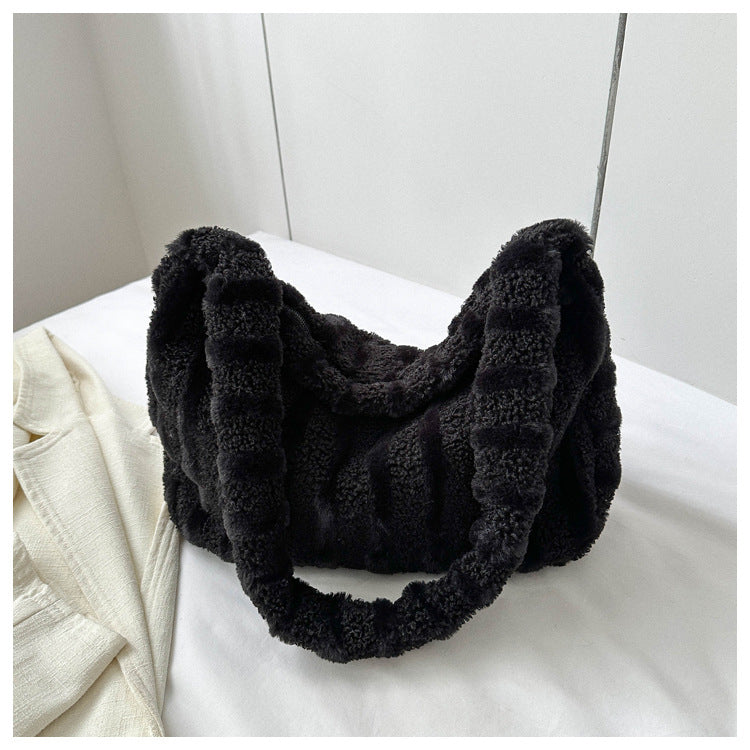 Large-capacity Striped Plush Bag Winter New Fashion Portable Tote Shoulder Bags Shopping Furry Handbags For Women GlamzLife
