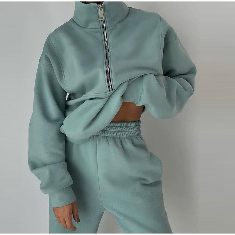 Stand Collar Suit Zip Up Crop Sportswear Long Sleeve Sweatshirt And Trousers For Spring Fall Women's Clothing GlamzLife