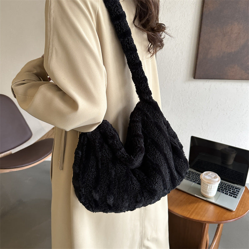 Large-capacity Striped Plush Bag Winter New Fashion Portable Tote Shoulder Bags Shopping Furry Handbags For Women GlamzLife