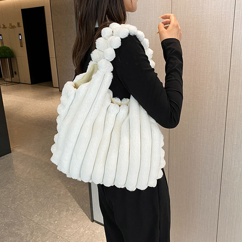Striped Design Plush Bag Winter Fashion Shoulder Armpit Bags Large Capacity Furry Handbags Portable Cute Shopping Tote Bag GlamzLife