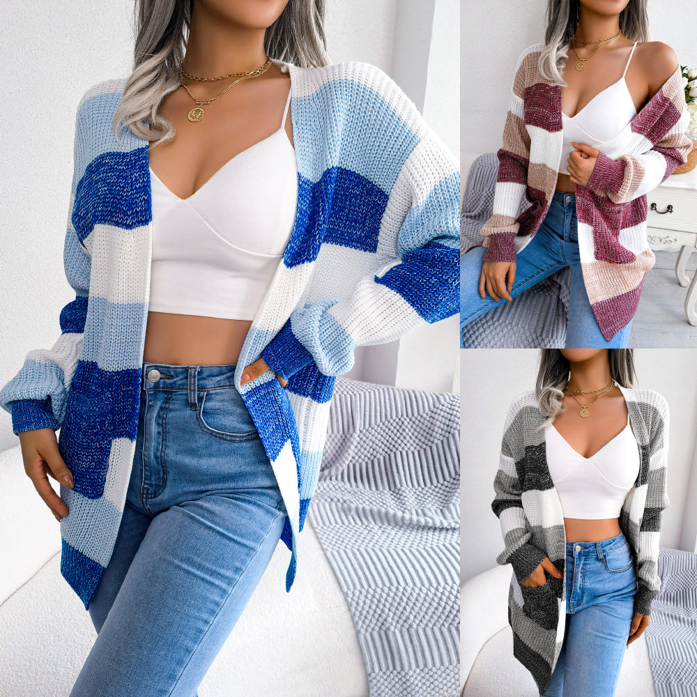 Plaid Sweater Women Casual Lantern Sleeves Cardigan Jacket Outerwear Clothes GlamzLife