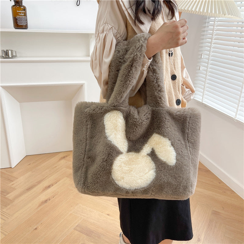 Cute Cartoon Rabbit Ears Plush Bag Autumn And Winter Shoulder Bag Shopping Handbags Large Capacity Personalized Tote Bags For Women GlamzLife