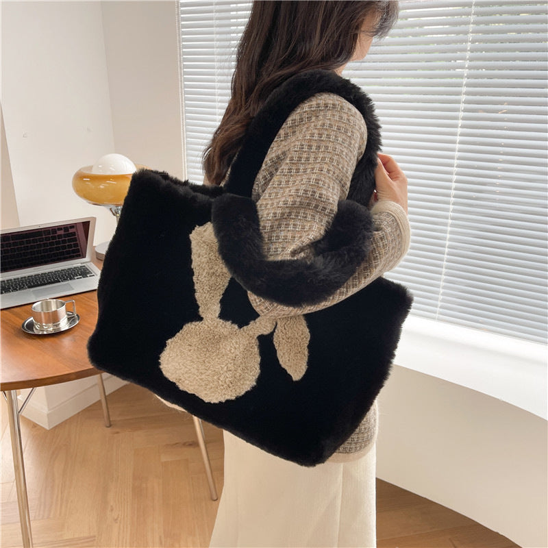 Cute Cartoon Rabbit Ears Plush Bag Autumn And Winter Shoulder Bag Shopping Handbags Large Capacity Personalized Tote Bags For Women GlamzLife