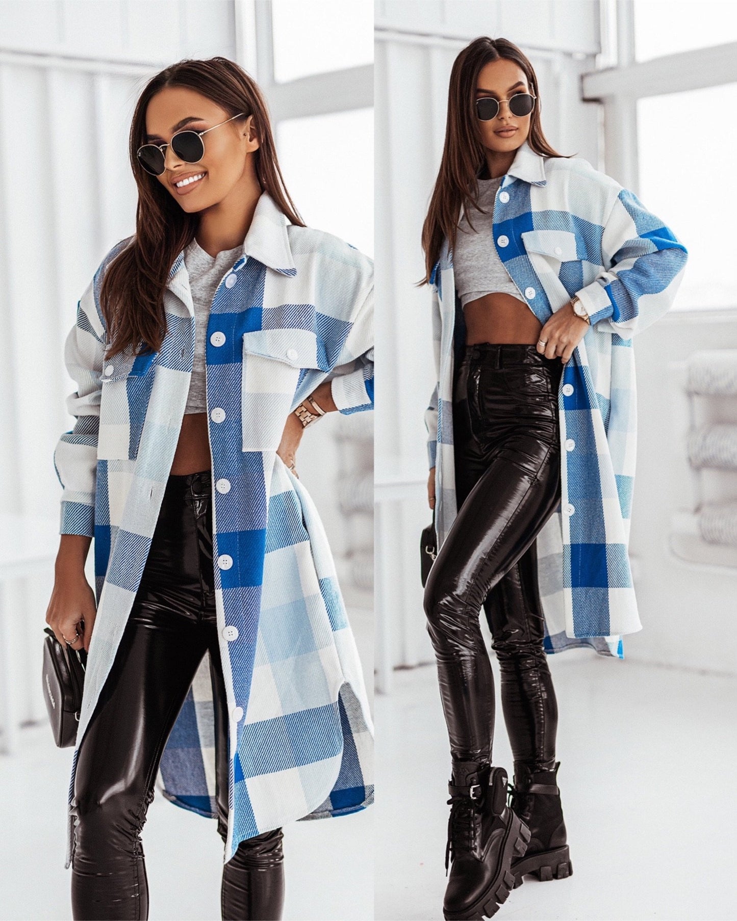 Women's Fashion Long Sleeve Color Plaid Brushed Woolen Long Coat GlamzLife