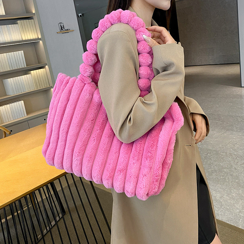 Striped Design Plush Bag Winter Fashion Shoulder Armpit Bags Large Capacity Furry Handbags Portable Cute Shopping Tote Bag GlamzLife