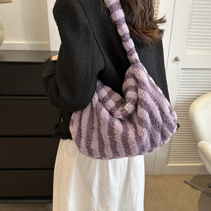 Large-capacity Striped Plush Bag Winter New Fashion Portable Tote Shoulder Bags Shopping Furry Handbags For Women GlamzLife