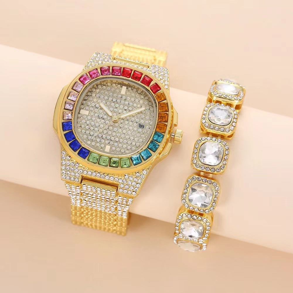 Full Diamond Inlaid Color Diamond Steel Belt Square Belt Calendar Quartz Wrist Watch GlamzLife