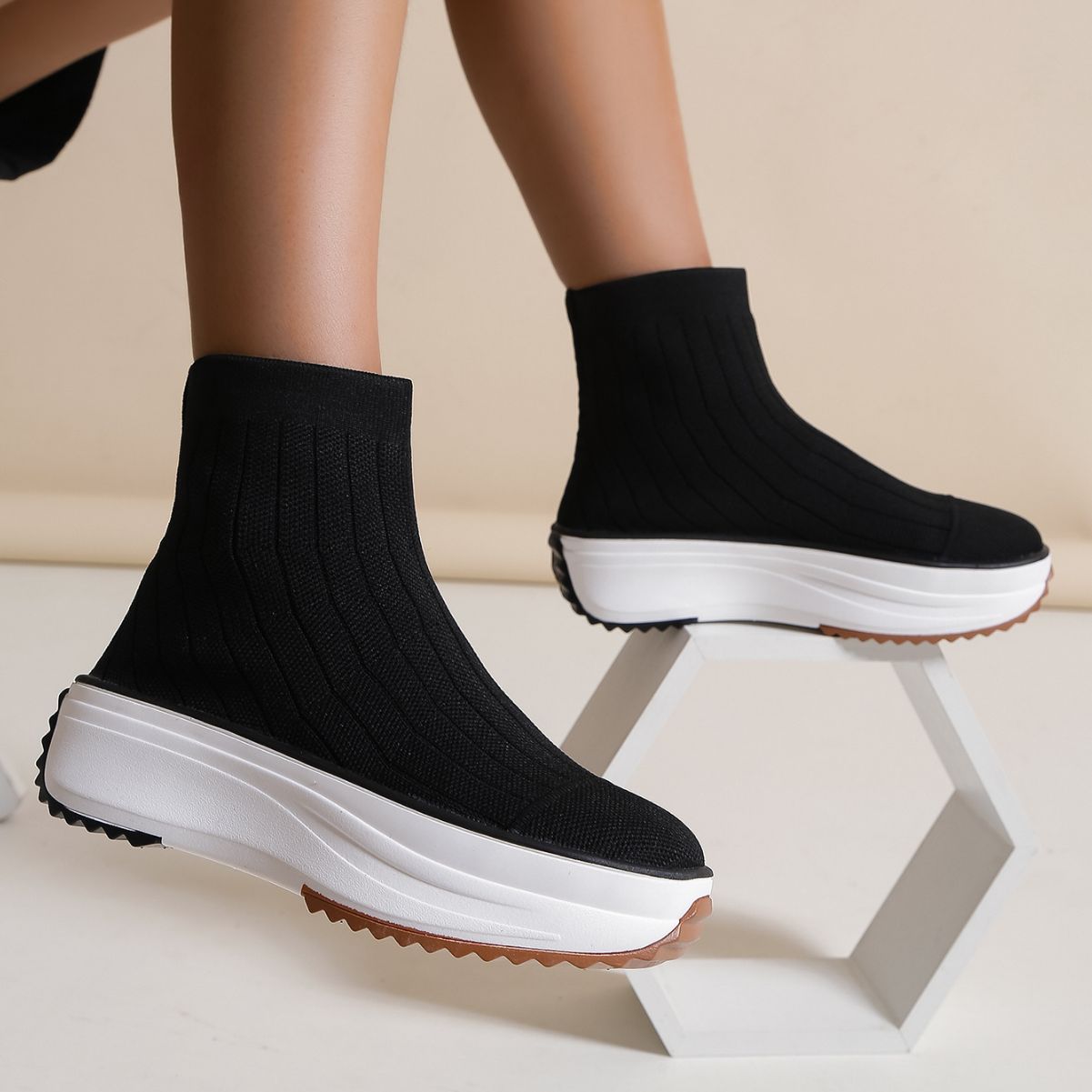 Women's Thick-soled Boots Knitted Round Toe Socks Shoes Casual Breathable Solid Color Flying Knit Ankle Boots GlamzLife