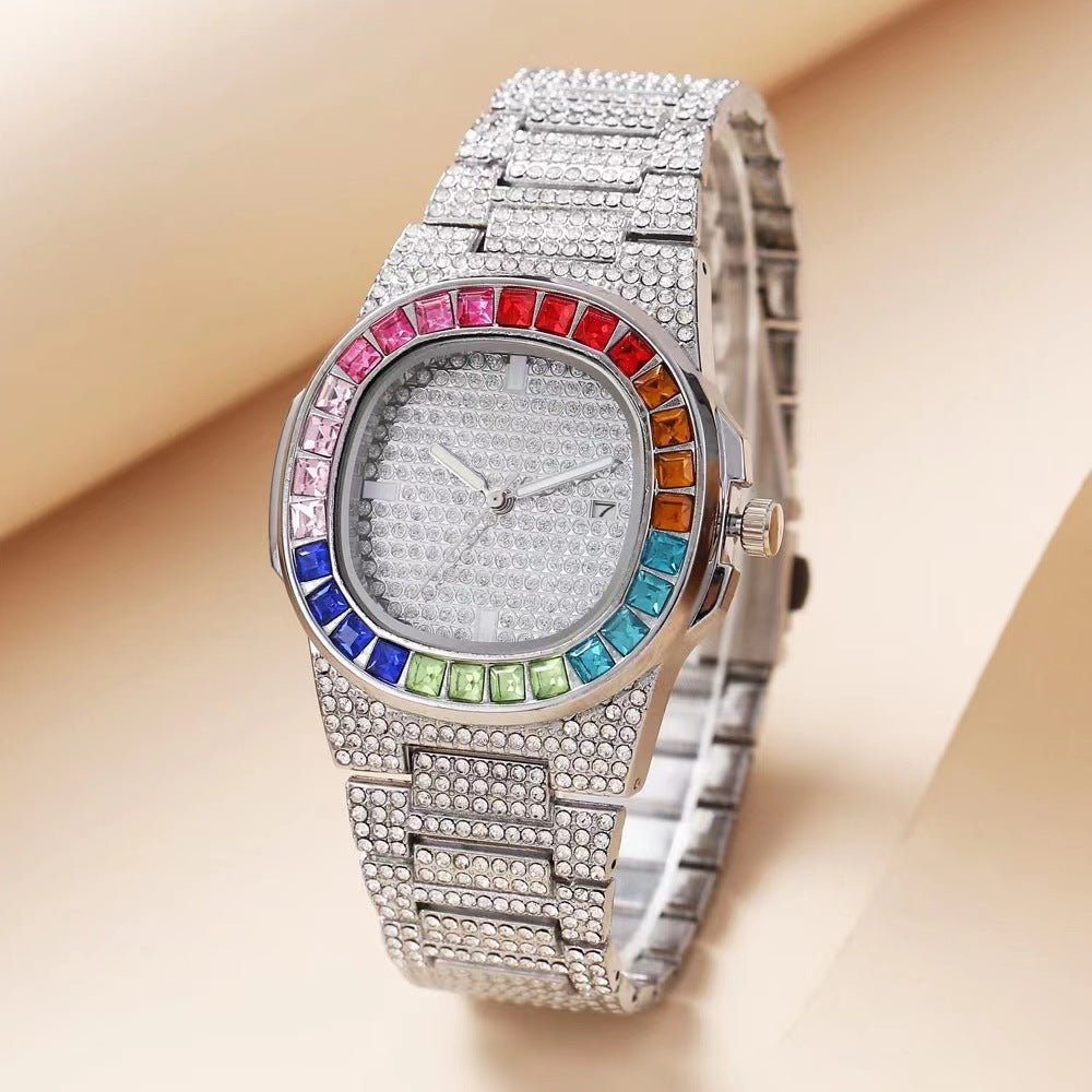 Full Diamond Inlaid Color Diamond Steel Belt Square Belt Calendar Quartz Wrist Watch GlamzLife