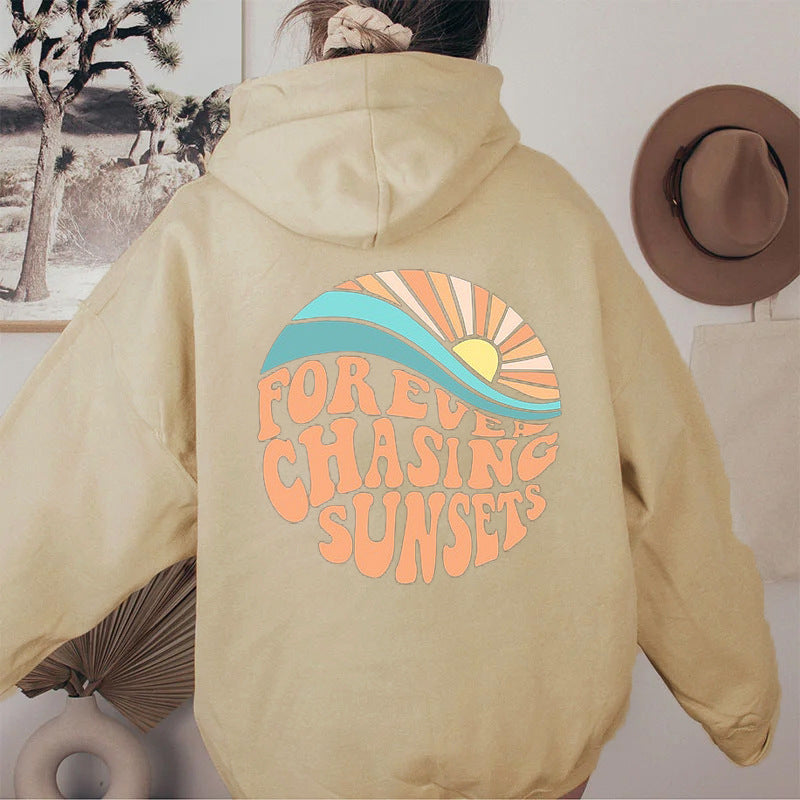Fleece-lined Sunset Print Kangaroo Pocket Drawstring Hoodie GlamzLife