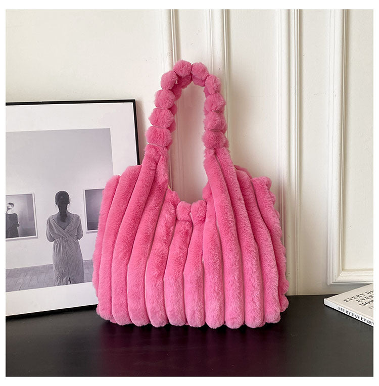 Striped Design Plush Bag Winter Fashion Shoulder Armpit Bags Large Capacity Furry Handbags Portable Cute Shopping Tote Bag GlamzLife