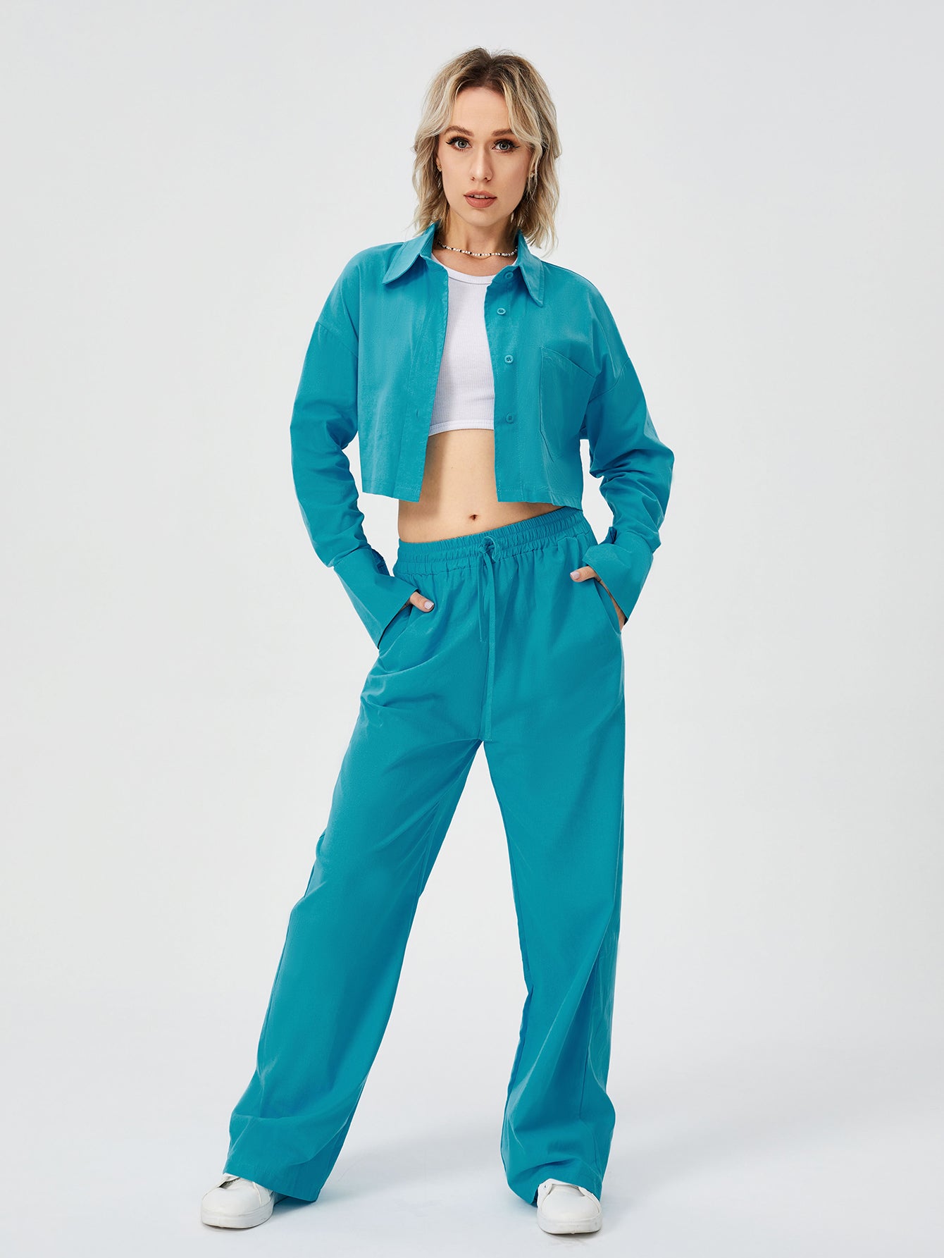 Women Two Piece Outfits For Women Long Sleeve Button Down Wide Leg Loungewear Pajama Set GlamzLife