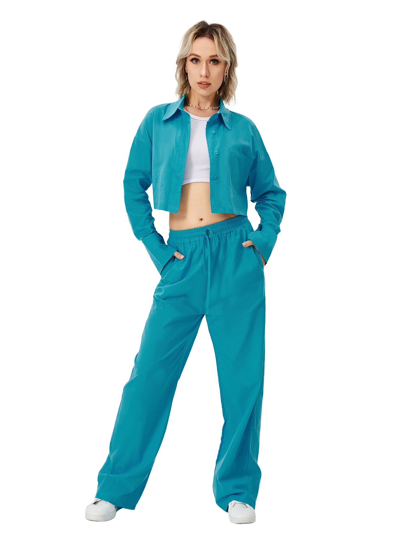 Women Two Piece Outfits For Women Long Sleeve Button Down Wide Leg Loungewear Pajama Set GlamzLife
