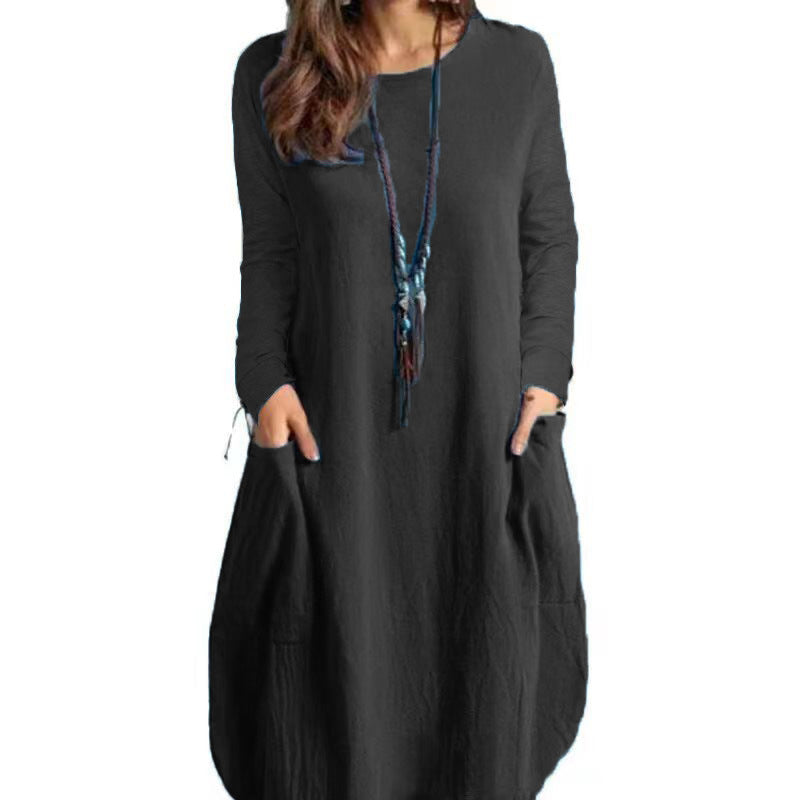 Women's Autumn Cotton And Linen Loose Casual Solid Color Long-sleeved Dress GlamzLife