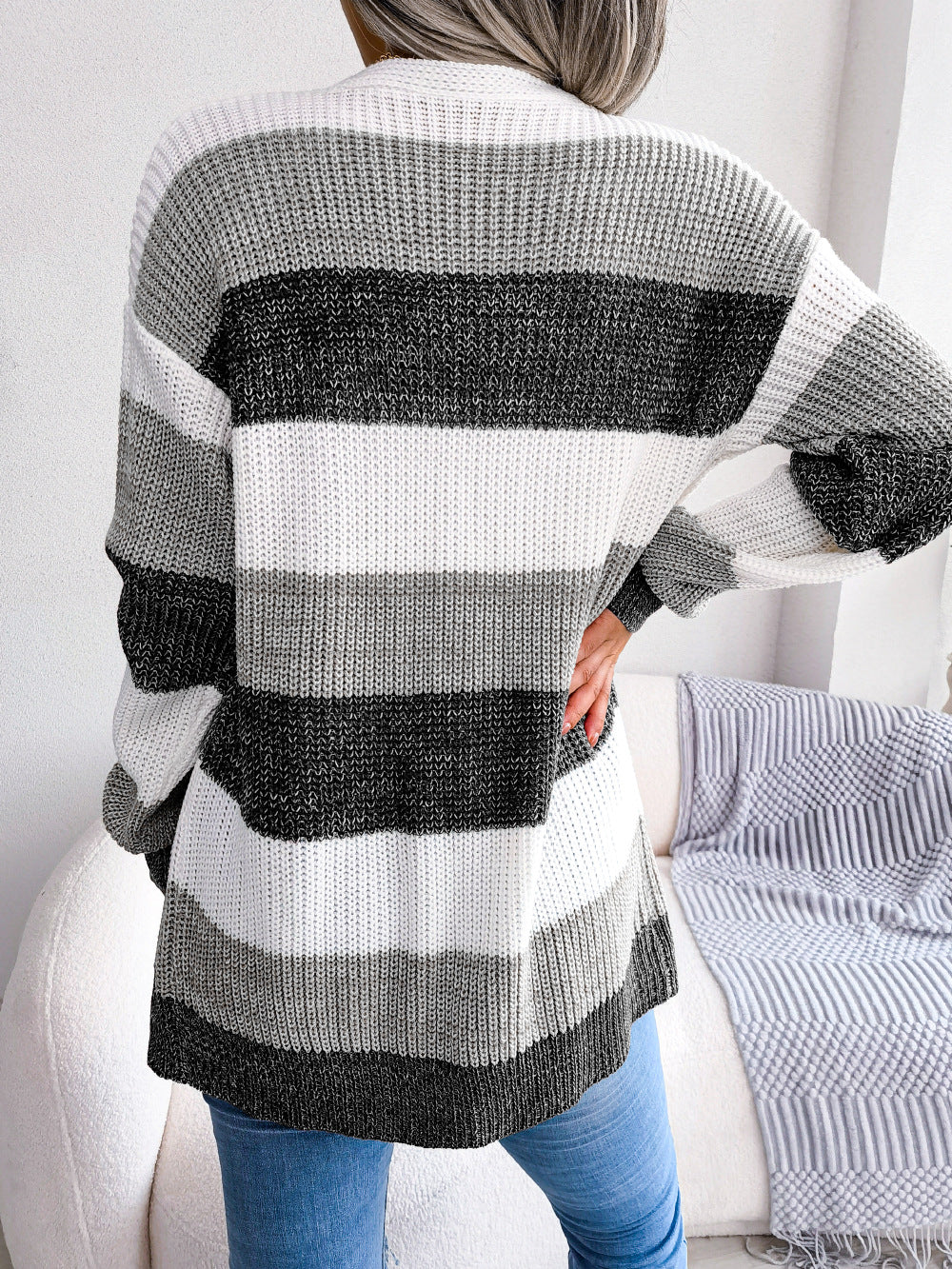 Plaid Sweater Women Casual Lantern Sleeves Cardigan Jacket Outerwear Clothes GlamzLife