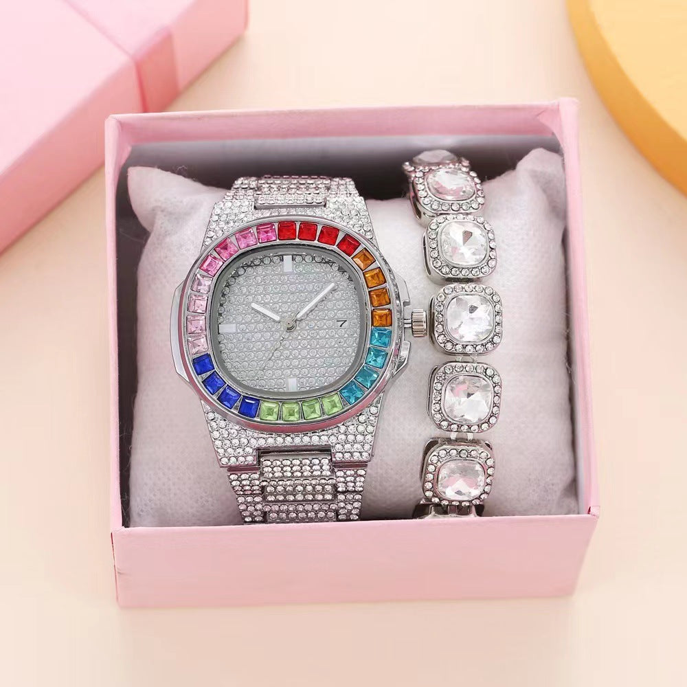 Full Diamond Inlaid Color Diamond Steel Belt Square Belt Calendar Quartz Wrist Watch GlamzLife