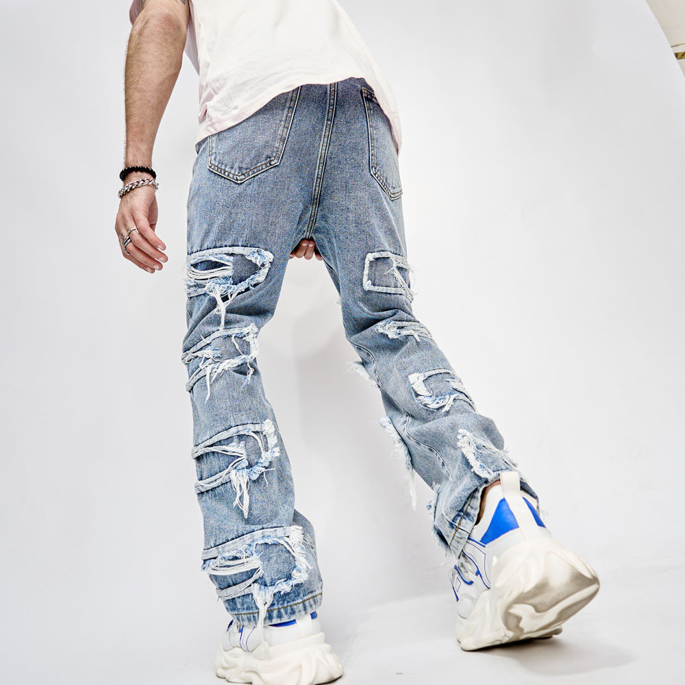 High Street Trousers Man's Pants Full Length Patched Straight Fit Men's Hip Hop Jeans GlamzLife