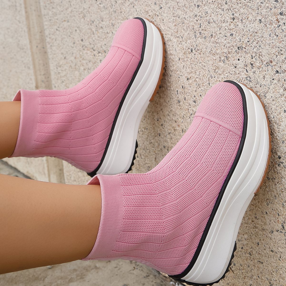 Women's Thick-soled Boots Knitted Round Toe Socks Shoes Casual Breathable Solid Color Flying Knit Ankle Boots GlamzLife