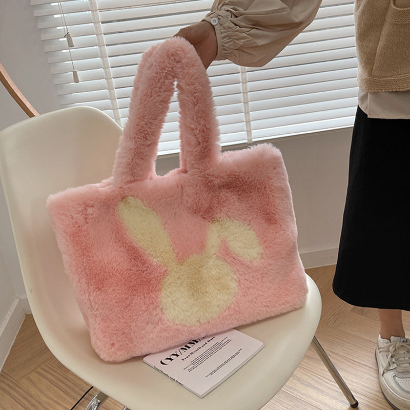 Cute Cartoon Rabbit Ears Plush Bag Autumn And Winter Shoulder Bag Shopping Handbags Large Capacity Personalized Tote Bags For Women GlamzLife