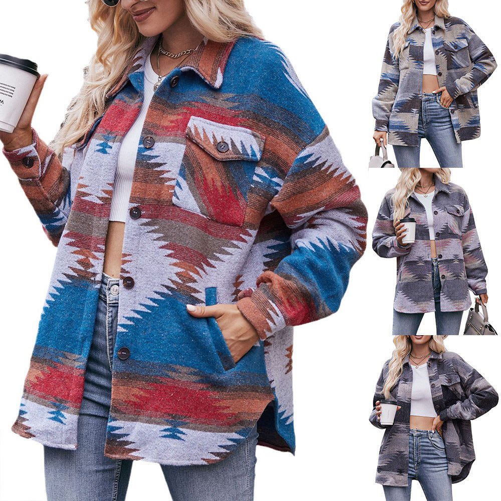 Geometric Print Jacket Shirt Winter Stand Collar Coats With Pockets Women's Outwear GlamzLife