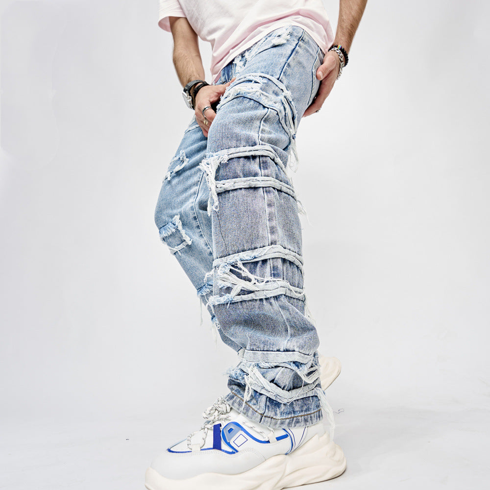 High Street Trousers Man's Pants Full Length Patched Straight Fit Men's Hip Hop Jeans GlamzLife