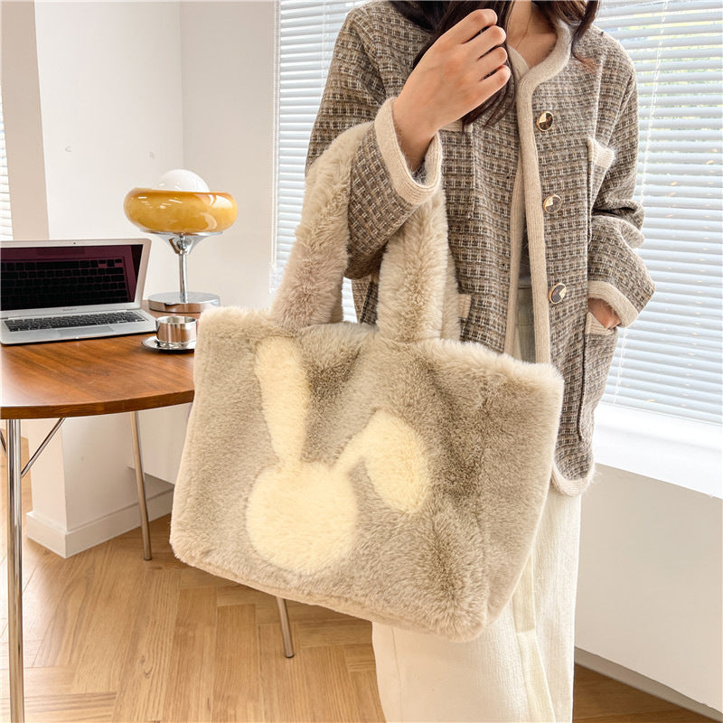 Cute Cartoon Rabbit Ears Plush Bag Autumn And Winter Shoulder Bag Shopping Handbags Large Capacity Personalized Tote Bags For Women GlamzLife