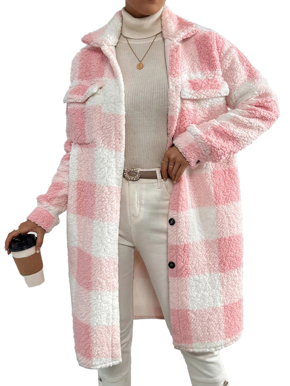Button Lapel Plush Plaid Coat Loose GlamzLife