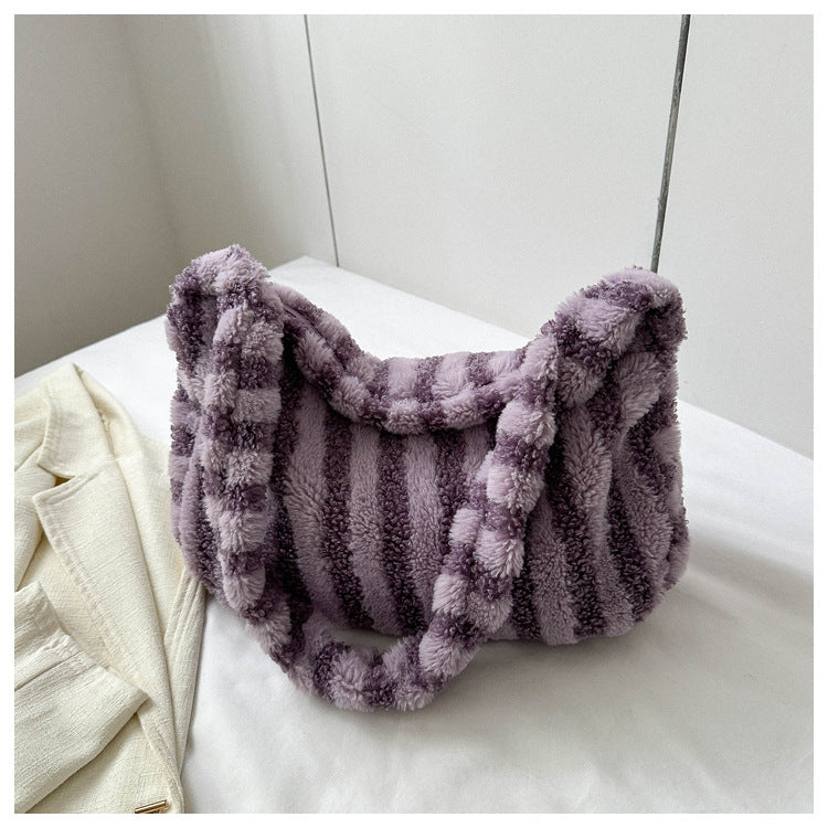 Large-capacity Striped Plush Bag Winter New Fashion Portable Tote Shoulder Bags Shopping Furry Handbags For Women GlamzLife