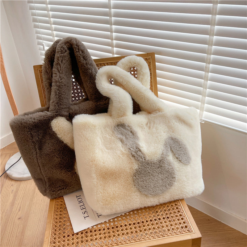 Cute Cartoon Rabbit Ears Plush Bag Autumn And Winter Shoulder Bag Shopping Handbags Large Capacity Personalized Tote Bags For Women GlamzLife
