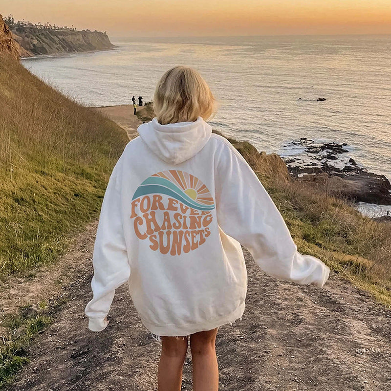 Fleece-lined Sunset Print Kangaroo Pocket Drawstring Hoodie GlamzLife