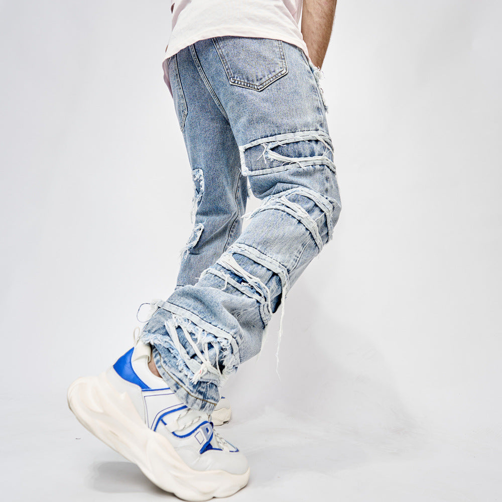 High Street Trousers Man's Pants Full Length Patched Straight Fit Men's Hip Hop Jeans GlamzLife