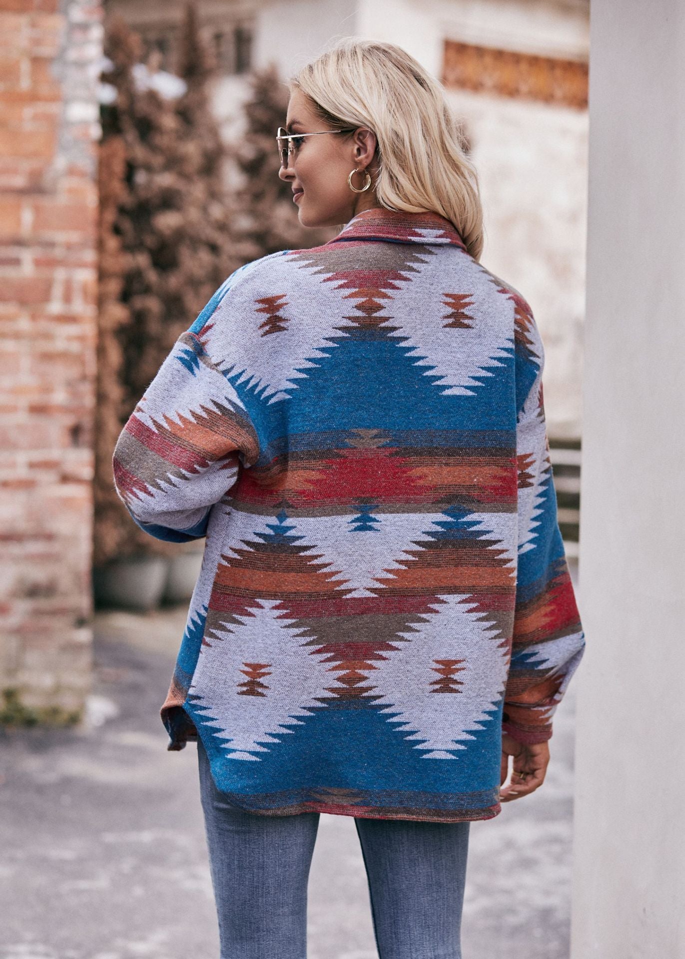 Geometric Print Jacket Shirt Winter Stand Collar Coats With Pockets Women's Outwear GlamzLife