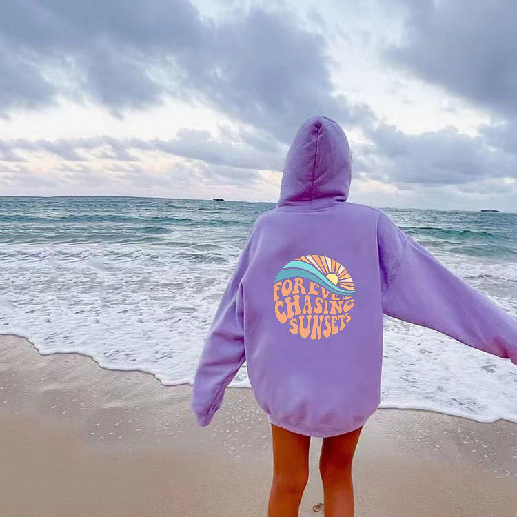 Fleece-lined Sunset Print Kangaroo Pocket Drawstring Hoodie GlamzLife
