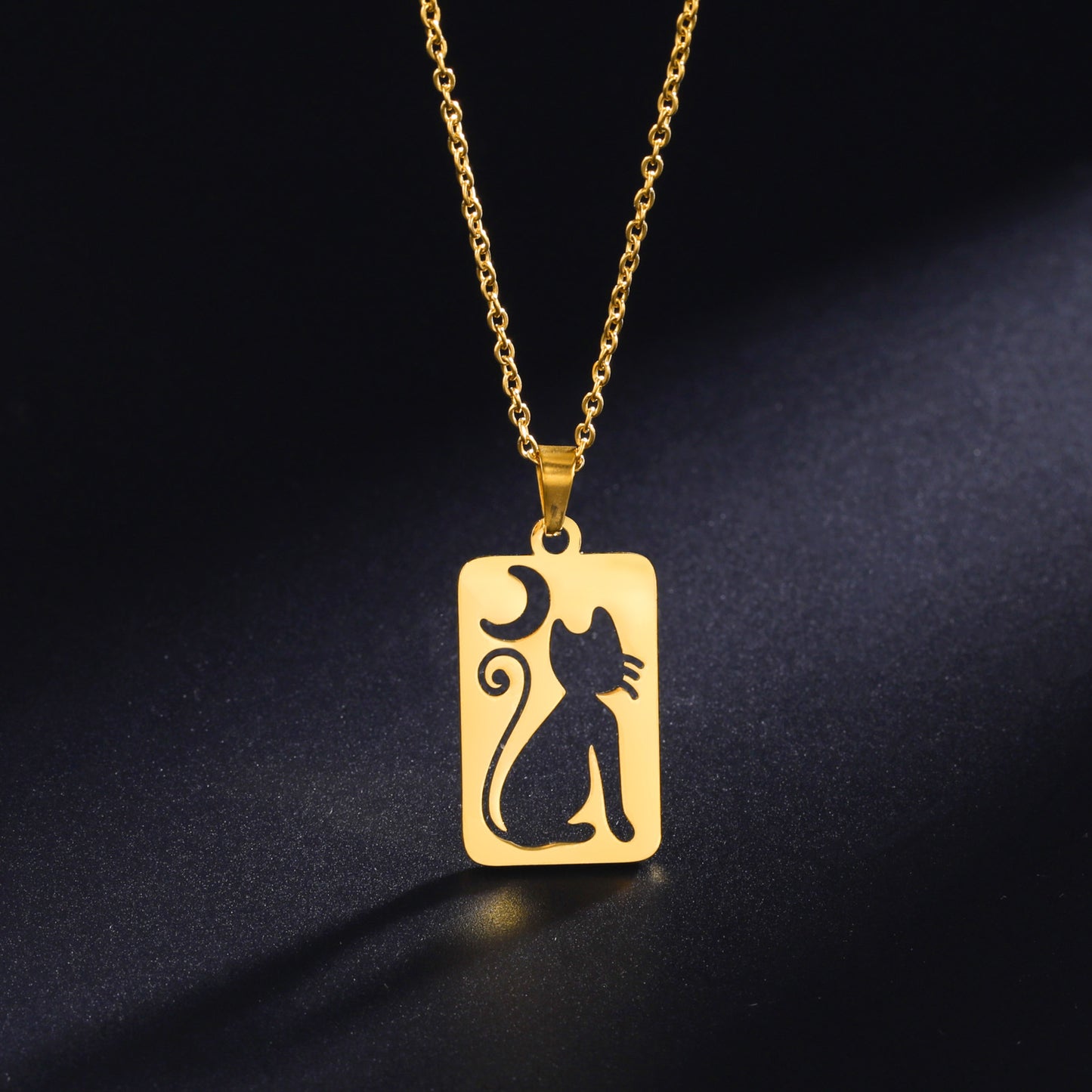 Titanium Steel Square Hollow Cat Crescent Pendant Necklace GlamzLife