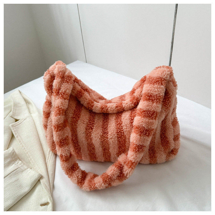 Large-capacity Striped Plush Bag Winter New Fashion Portable Tote Shoulder Bags Shopping Furry Handbags For Women GlamzLife