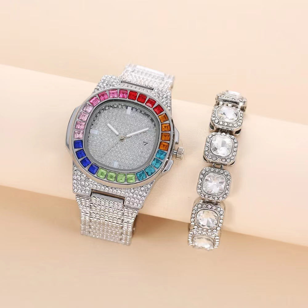 Full Diamond Inlaid Color Diamond Steel Belt Square Belt Calendar Quartz Wrist Watch GlamzLife
