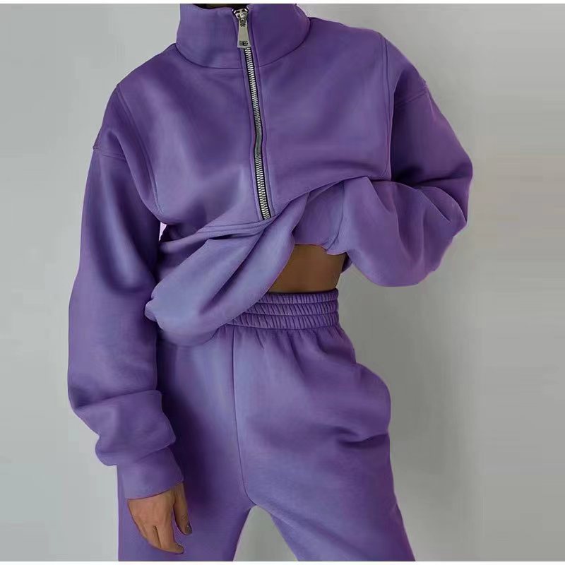 Stand Collar Suit Zip Up Crop Sportswear Long Sleeve Sweatshirt And Trousers For Spring Fall Women's Clothing GlamzLife