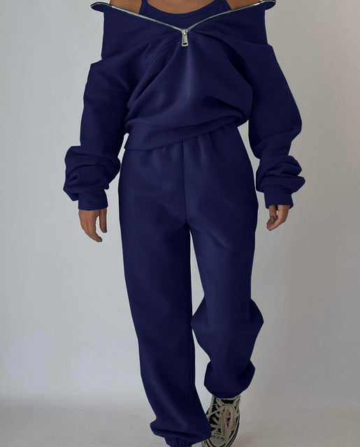 Stand Collar Suit Zip Up Crop Sportswear Long Sleeve Sweatshirt And Trousers For Spring Fall Women's Clothing GlamzLife