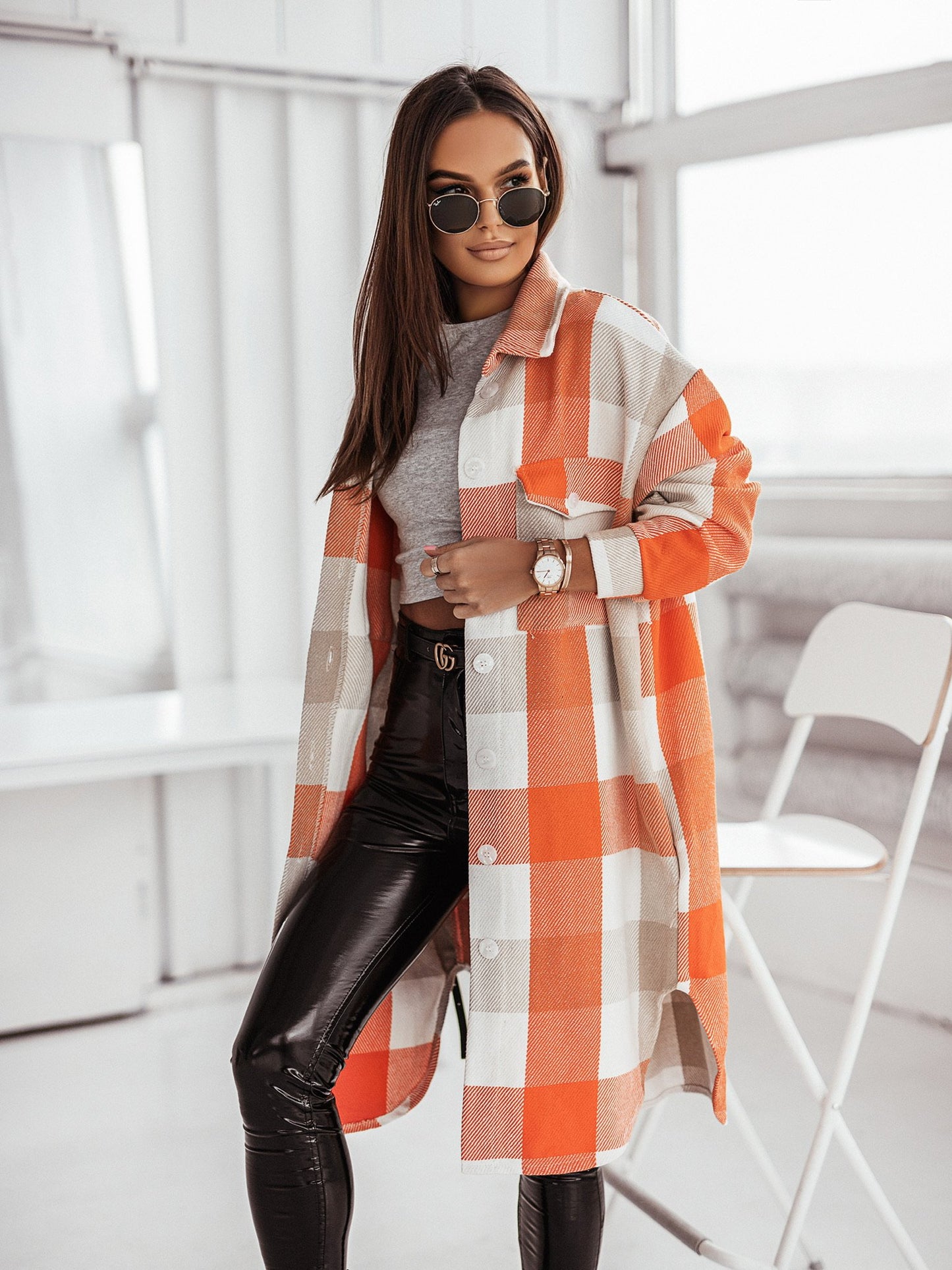 Women's Fashion Long Sleeve Color Plaid Brushed Woolen Long Coat GlamzLife