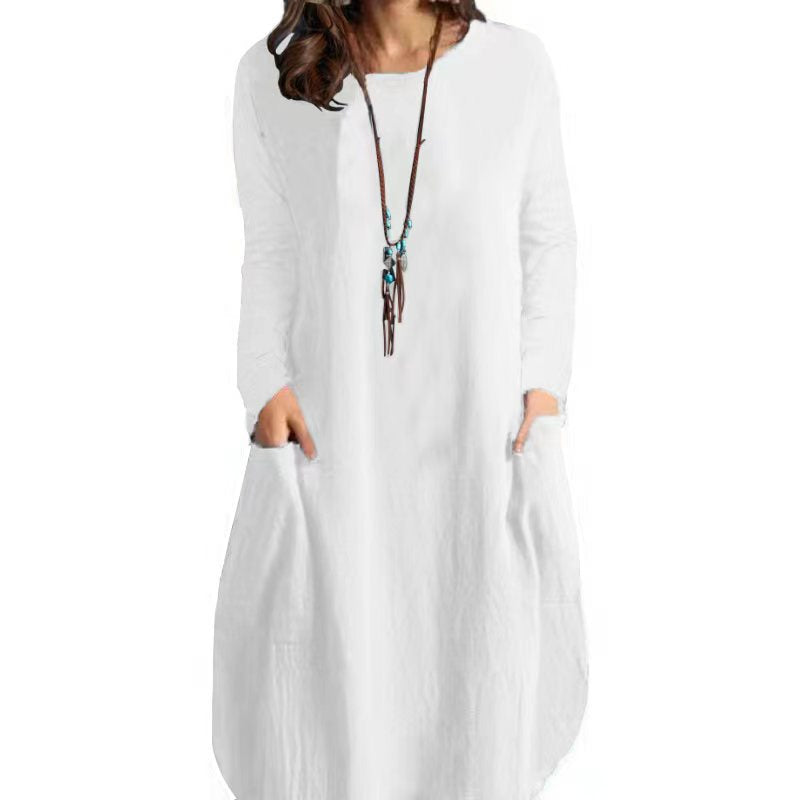 Women's Autumn Cotton And Linen Loose Casual Solid Color Long-sleeved Dress GlamzLife